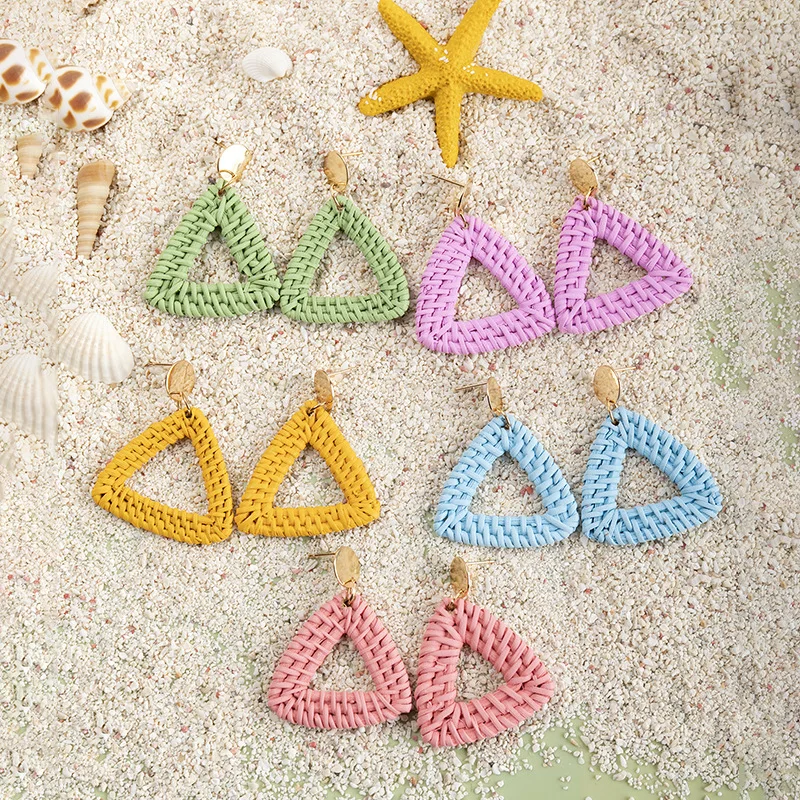 

Bohemia ins style colored Rattan Geometric earrings female spring and summer new travel vacation high-quality triangle earrings