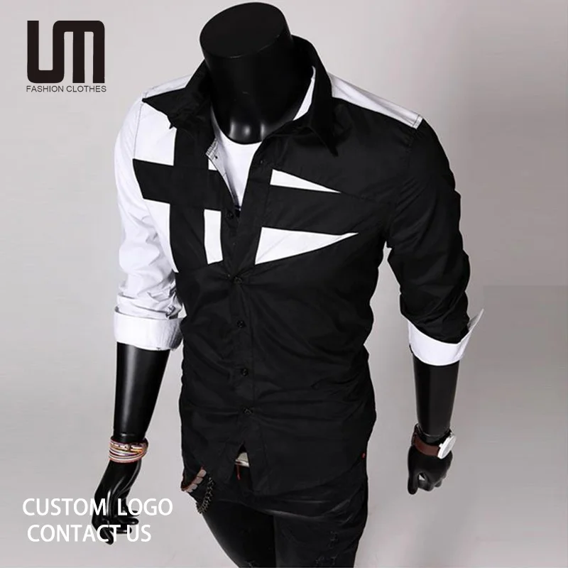 Clearance Sales Cheap Fashion Autumn Men Clothes Loose Long Sleeve Patchwork Color Casual Shirt