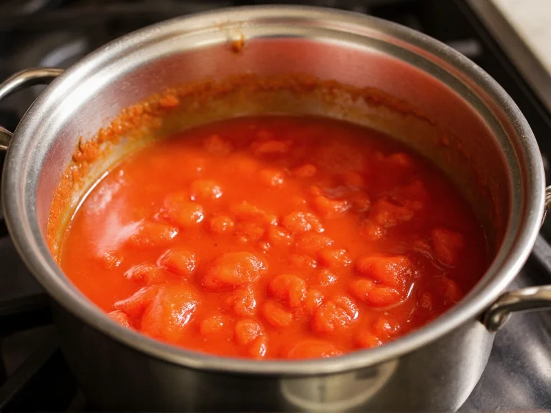 Homemade ketchup simmering in stainless steel pot