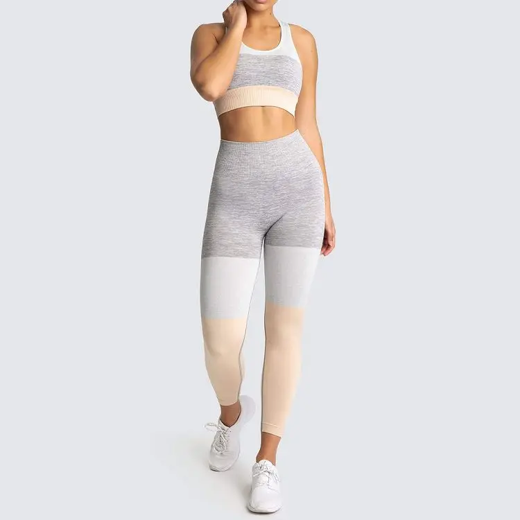 

European And American Hot Selling Seamless Knitting Two Piece Set With Contrast Stitching Running Yoga Suit