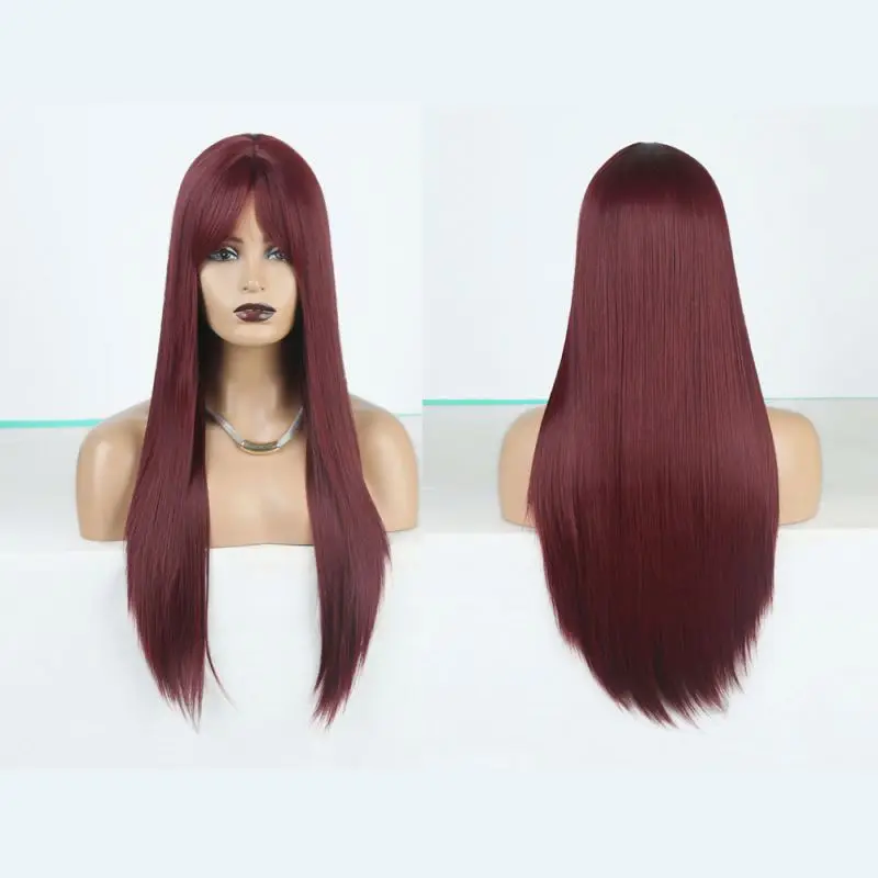 

Wholesale New Style Hot Sale Wig Multicolor Long Straight Wine red Hair Ladies Chemical Fiber hair wig cover in stock