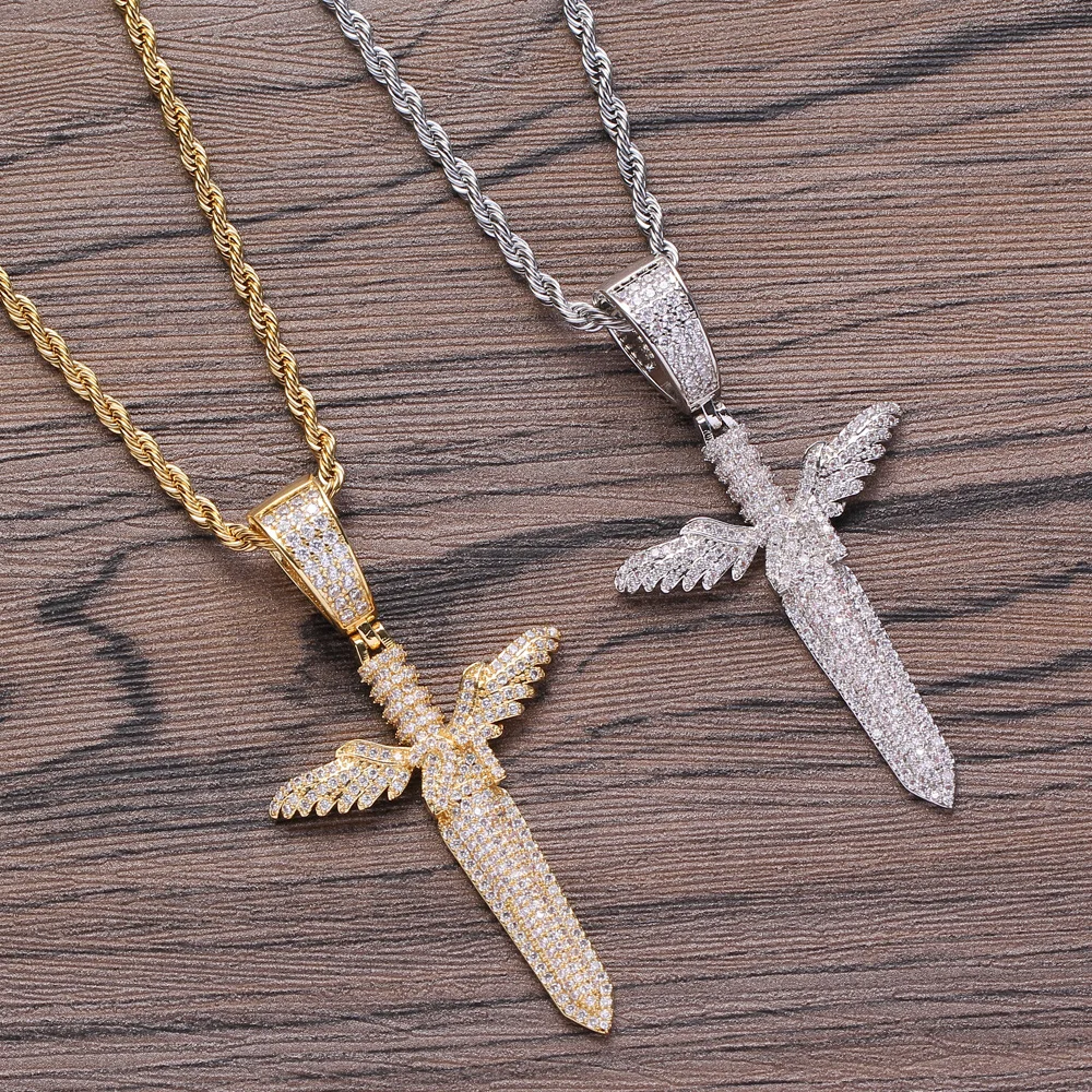 

Savage Rap Hip hop Jewelry Gold Angel Sword Wing Pendant Rope Chain Necklace Iced Out Cubic Zirconia Cross Pendant Homme