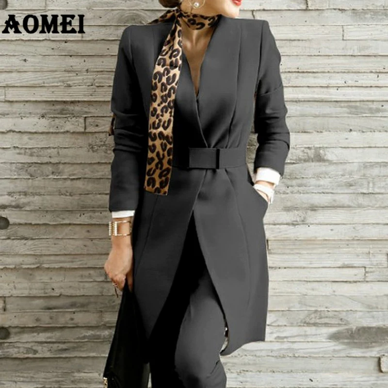 
Classy V-neck Long Top And Pants Slim Belt Lady Blazer Suit With Scarf 