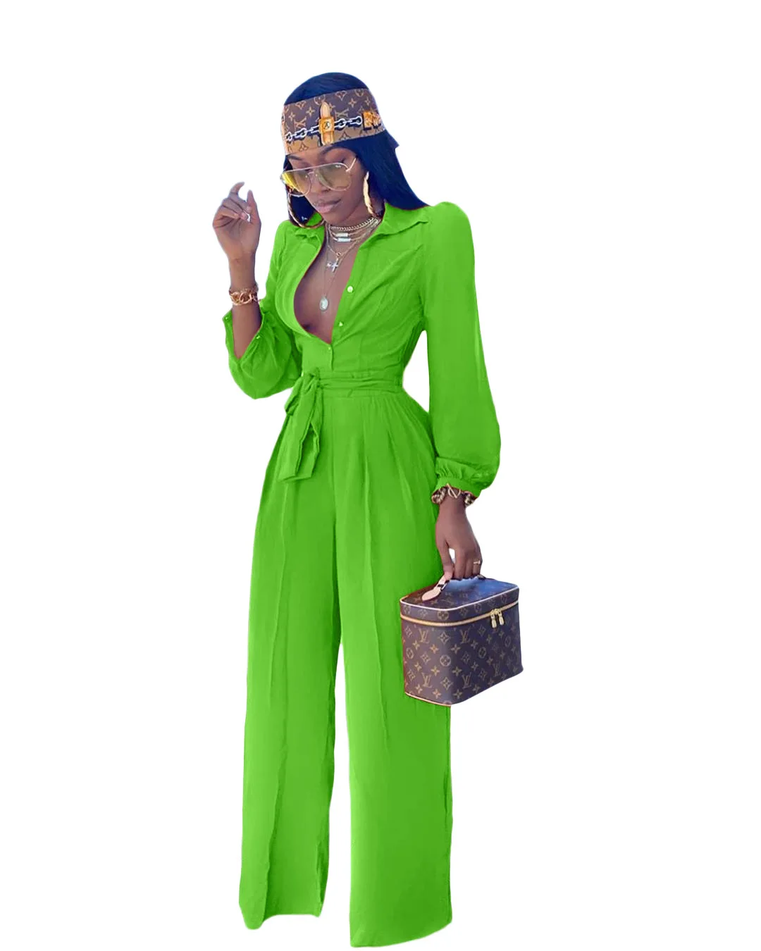 

Casual shirt collar jumpsuit Belted Straight Jumpsuit Spandex Pleated Button Jumpsuit