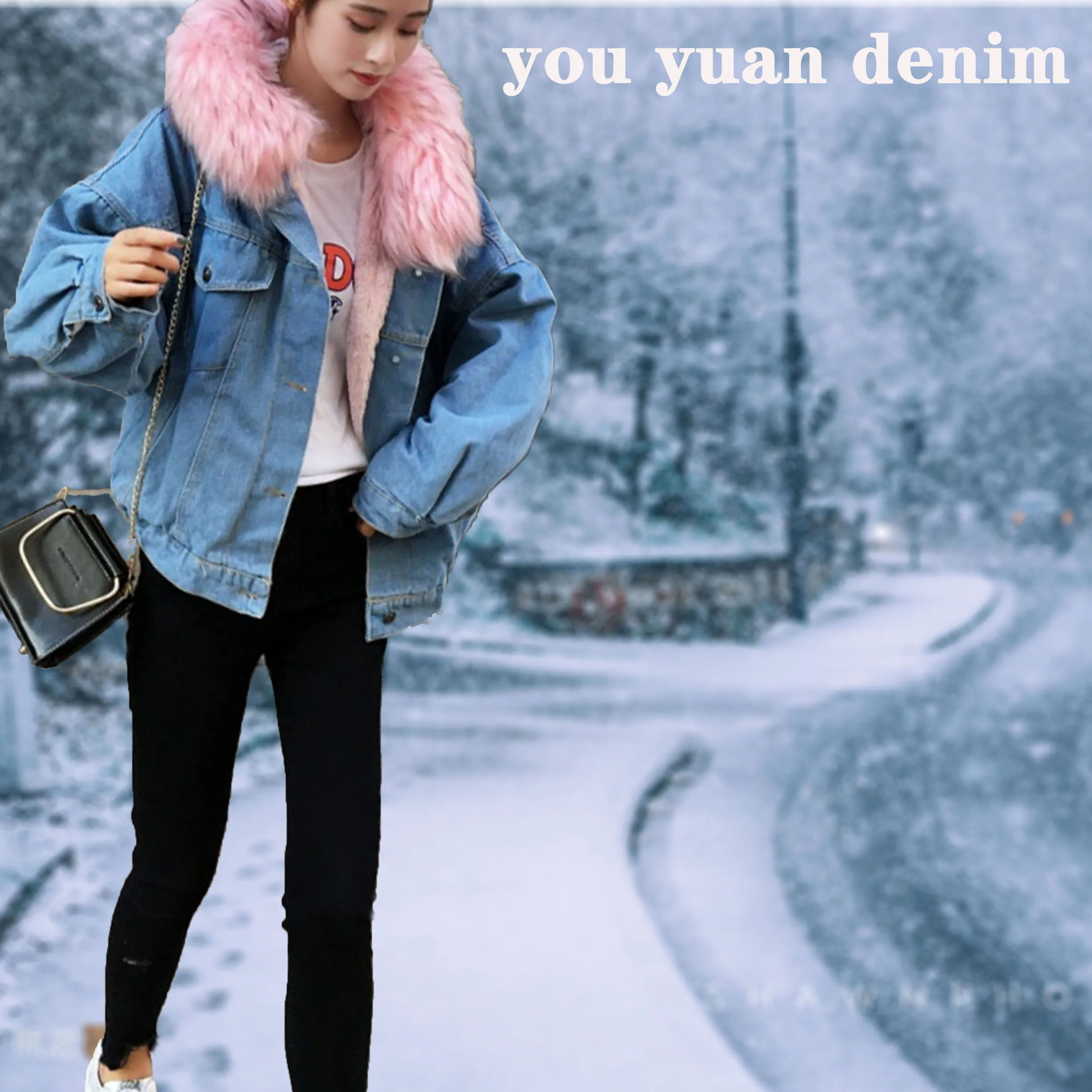 pink denim jacket with fur collar