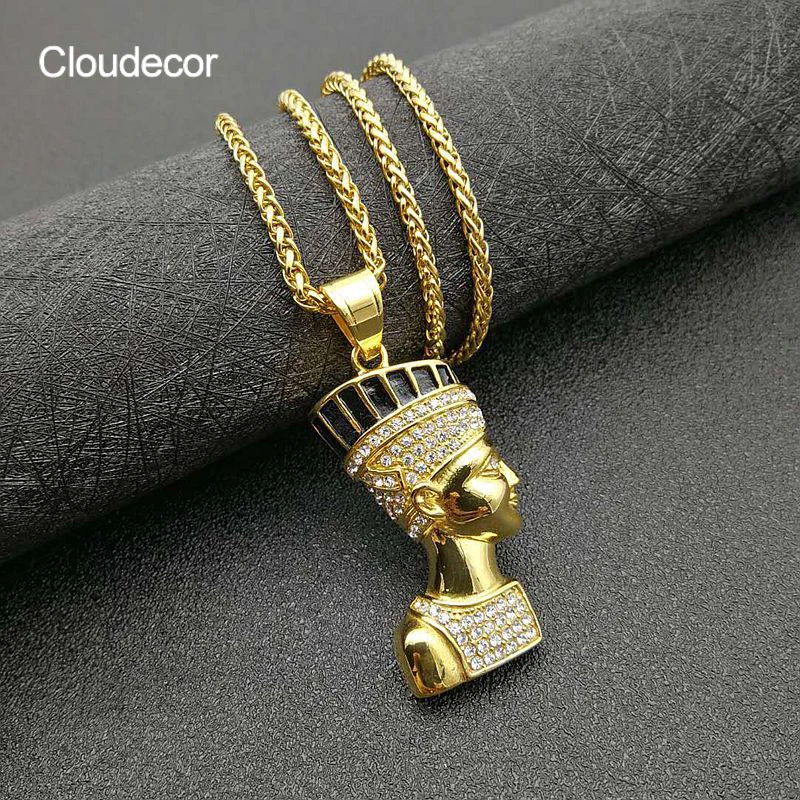 

Stainless Steel Egyptian Jewelry Necklace Pharaons King Pendant Necklace 18K Gold Chunky Statement Hip Hop Diamond Necklace, 18k gold plated