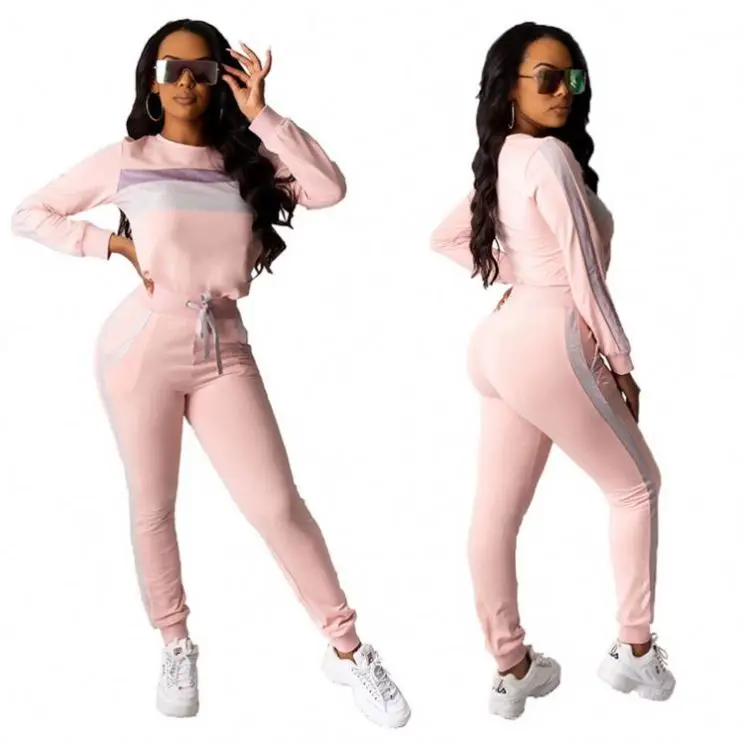 

2020 2 Piece Set Pink Outfit Color Matching Two Piece Set Sweatsuit Women Clothing