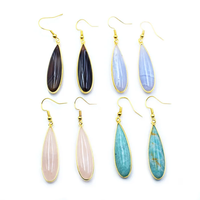 

Natural Long Drop Agate Gemstone Earring Women's Bohemian Fancy Gold Jewel Statement Crystal Dangle Hopp Earrings Jewelry, Multi earrings