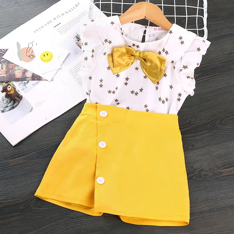 

Custom Hot Sale Boutique Children Clothes Short Sleeve Pantskirt 2Pcs Suits Girls' Clothing Sets, Yellow red