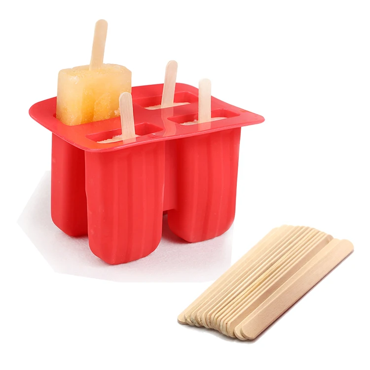 

4 Hole Silicone Ice Cream Forms Popsicle Molds DIY Homemade Dessert Freezer Fruit Juice Ice Pop Cube Maker Mould With Sticks, Red,pink