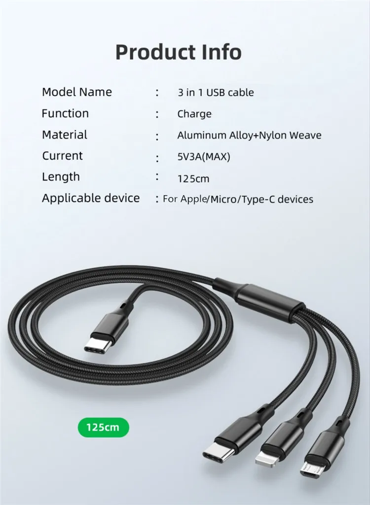 Amazon hot sale 3A Fast Charging 1.25M 3 In 1 USB C Cable to Light ning For iPhone 12 USB C to MIcro Type C Charging Cable - ANKUX.COM