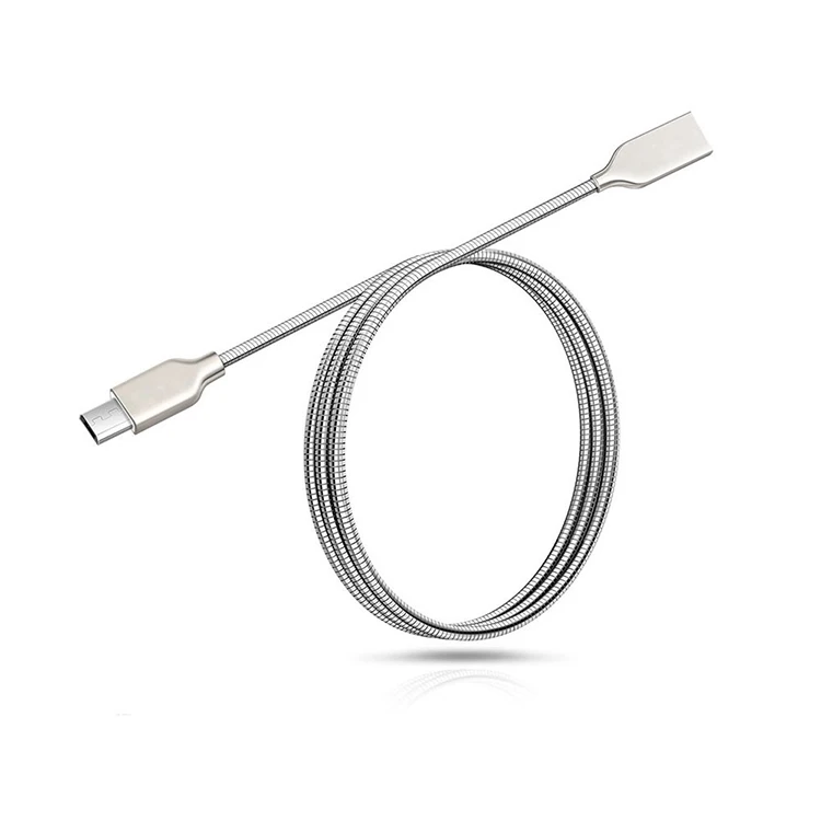 

Hot Sale Zinc Alloy Stainless Steel Spring Braided Data Cable Type C Micro USB Data Fast Charging Cable For Mobile Phone Charger, Silver, black, gray, brass