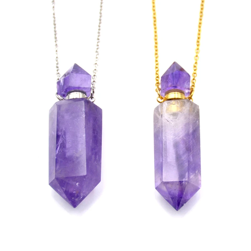

Genuine Amethyst Stone Perfume Bottle Point Pendant Necklace prism Essential Oil Diffuser Purple Stone Pendant Chakra Crystal, Multi