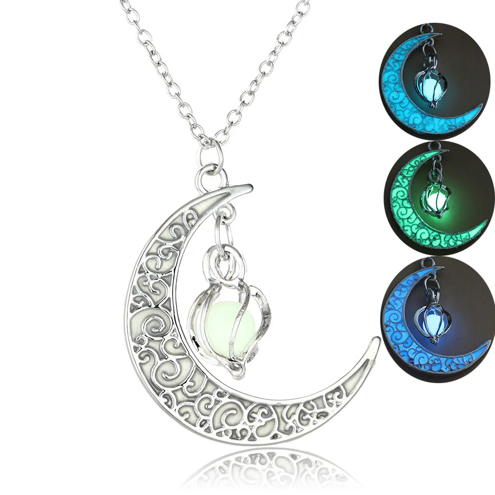 

Trendy Wholesale Hollow Spiral Moon Luminous Pendant Necklace Pumpkin Pendant Luminous Bead Necklace Love Gift, As the picture