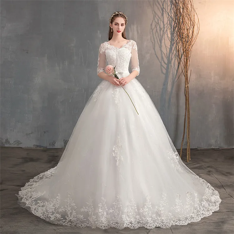 

women Lace Embroidery Half Sleeve Wedding Dresses Long Train Wedding Gown V Neck Elegant Bride Dresses