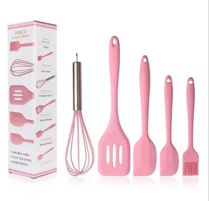 

cooking spoon spatula whisk brush kitchen tool color box packaging Silicone kitchenware 5-piece set, Red,pink black