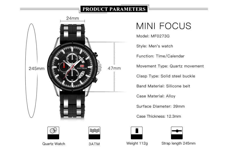 Mini Focus 0273G Men Quartz Calendar Luminous Watche Silicone Band