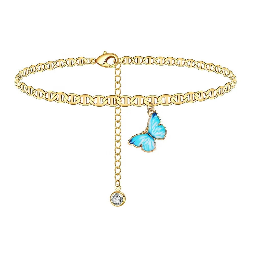 

Fashion Butterfly pendant Cuban Link Anklet Feet Gold Silver plated Anklet For Women Men Jewelry, Gold color