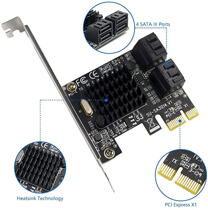 

PCIe 2.0 x 1 to SATA III 4 Ports Adapter Card Marvell Chipset Non-Raid for IPFS Mining and Adding SATA 3.0 Devices, Black