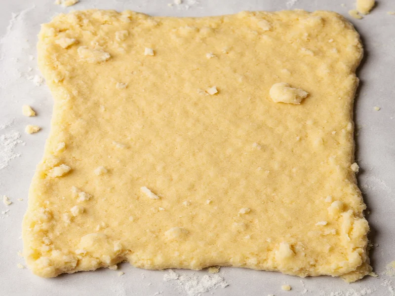 Shaggy biscuit dough before folding into rectangle