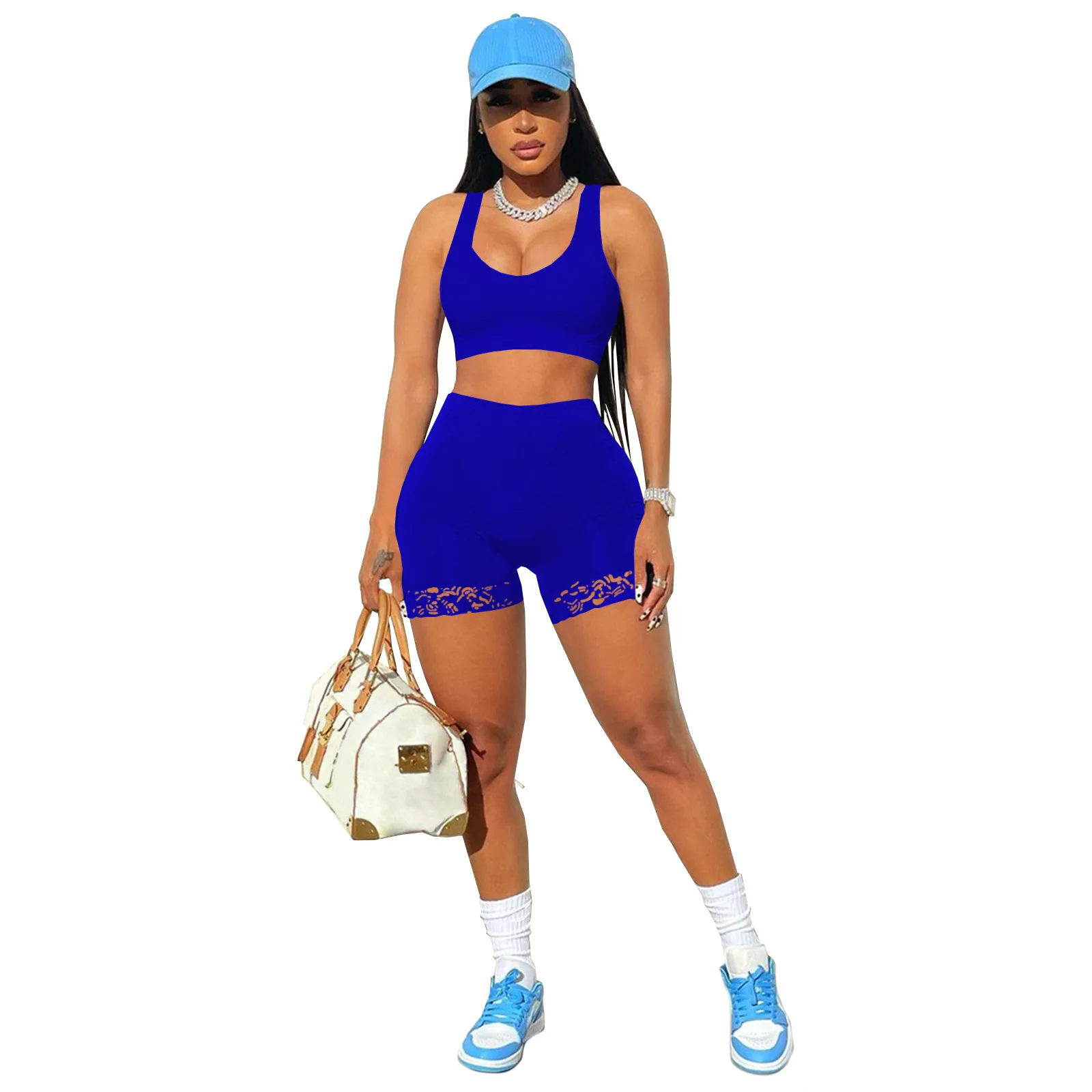 

Sports Fashion Pure Color Crop Vests Girls' Shorts Women 2 Piece Set Clothing, As picture