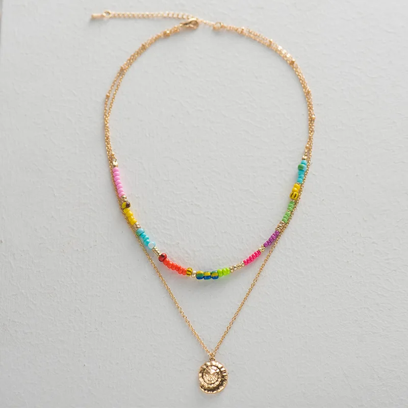 

Cute Rainbow Beaded Choker Necklace Summer Beach Gold Plated Conch Pendant Necklace