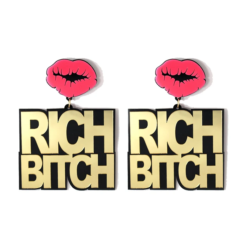 

Amazon Explosions European and American Popular English Letters Rich Bitch Exaggerated Big Mouth Lip Stud Earrings, Golden