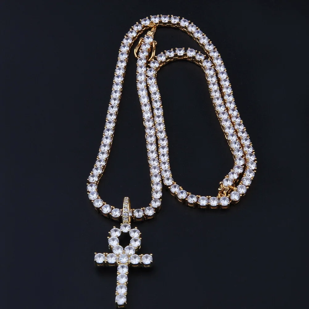 

Gold cz diamond ankh pendant necklace set jewelry with  tennis chain
