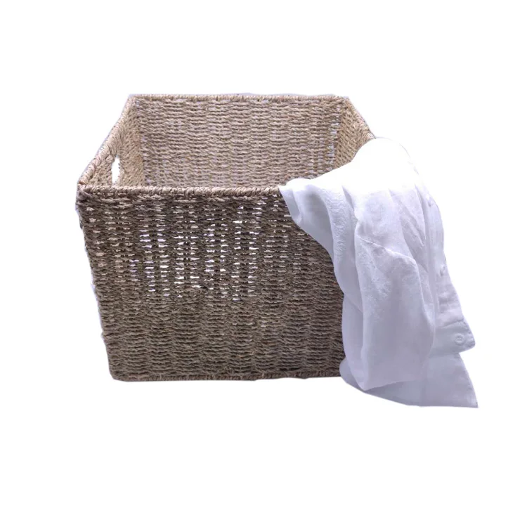 

High quality hot sale hand made natural woven straw cloth laundry foldable handle storage seagrass basket with lid