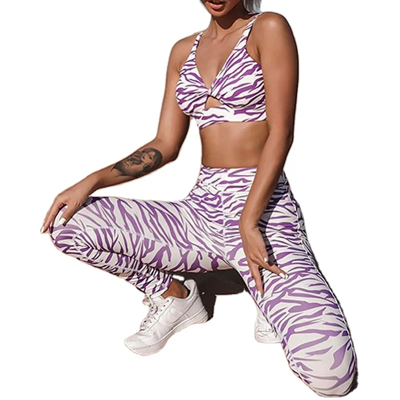 

Two piece pant High waist sexy tight Purple zebra stripes print Bra and Leggings gymsport yoga activewear sets for women, Picture color