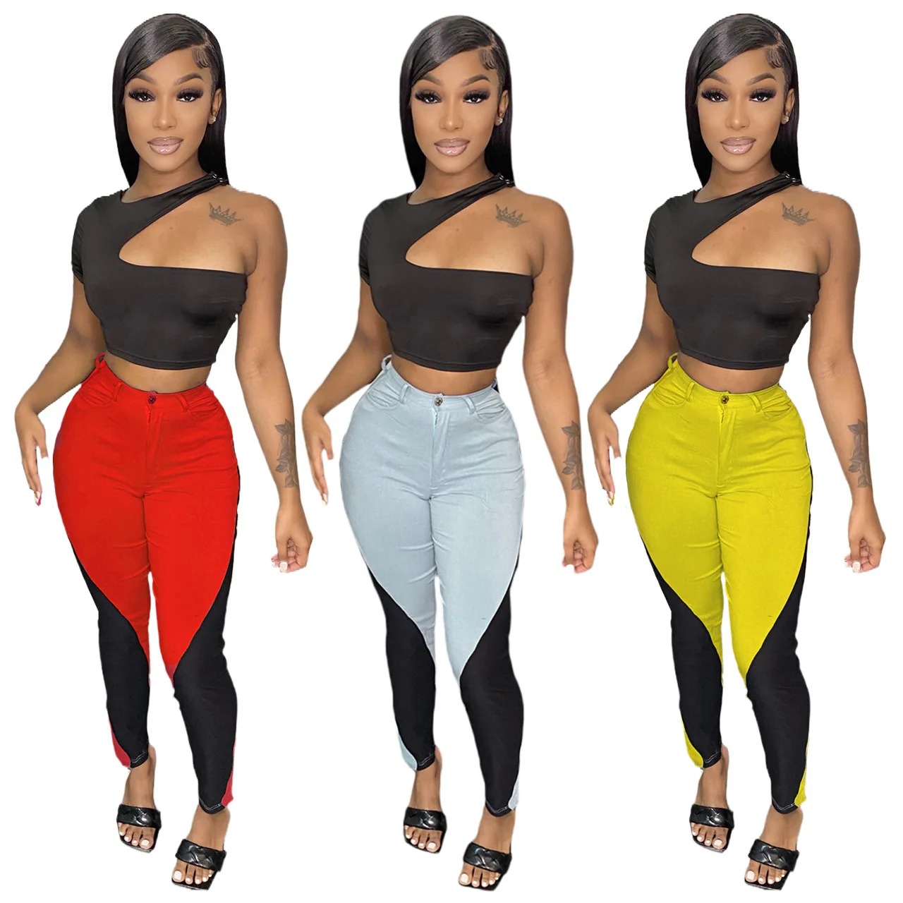 

PDEP 2022 one shoulder hollow out crop top 2 piece set sexy legging pants two piece set women clothing shorts