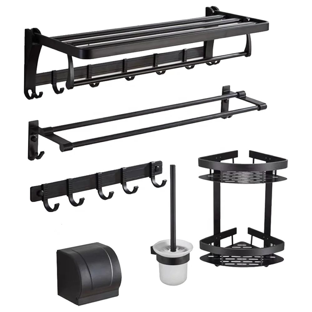 

Factory 6 pcs black aluminum suit wall mounted bathroom accessory set