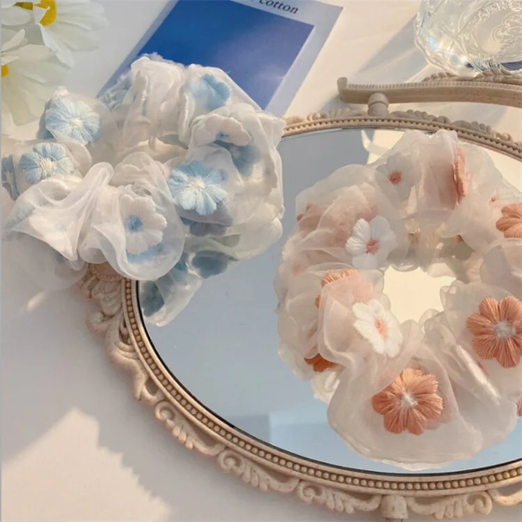 

Sweet Popular Lace Hairband Embroidery Mesh Daisy Hair Scrunchie Solid Color Transparent Tulle Hair Ties