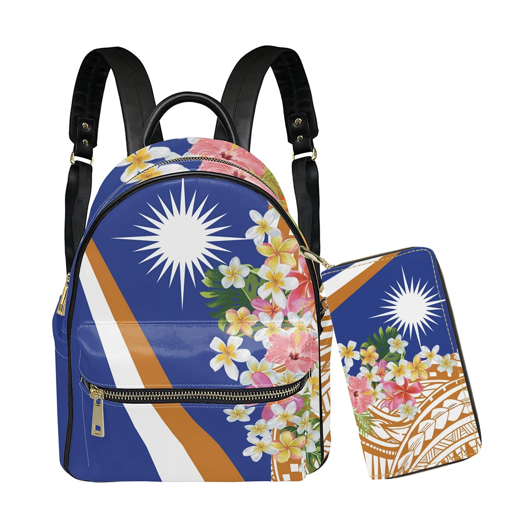 

Marshall Islands with Plumeria Flower Pattern Pu Leather Mini Backpack Purses Shoulder Bag Bookbag Satchel for Travel Pockets, Customized color