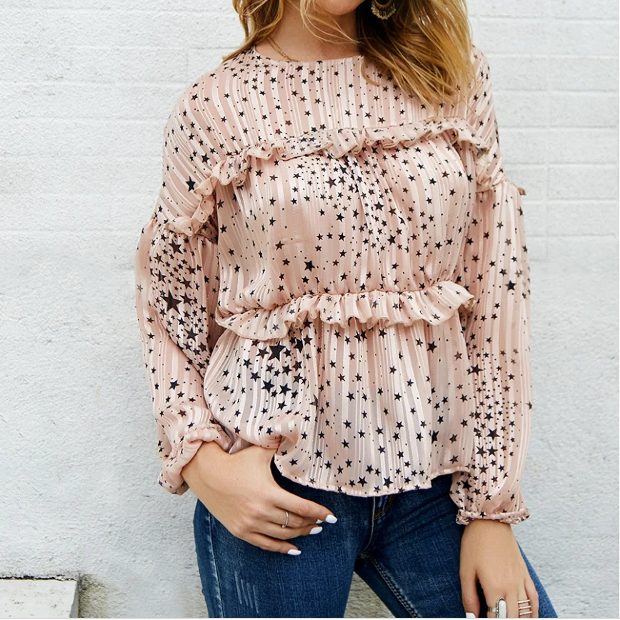

Women White Background Black star Long Sleeve Shirts Tops White Black pink