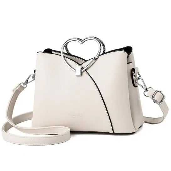 

Metal Heart Handle Lichee Leather Pure Color Woman Casual Tote Handbag, Black/white/blue/khaki/green/pink/gray