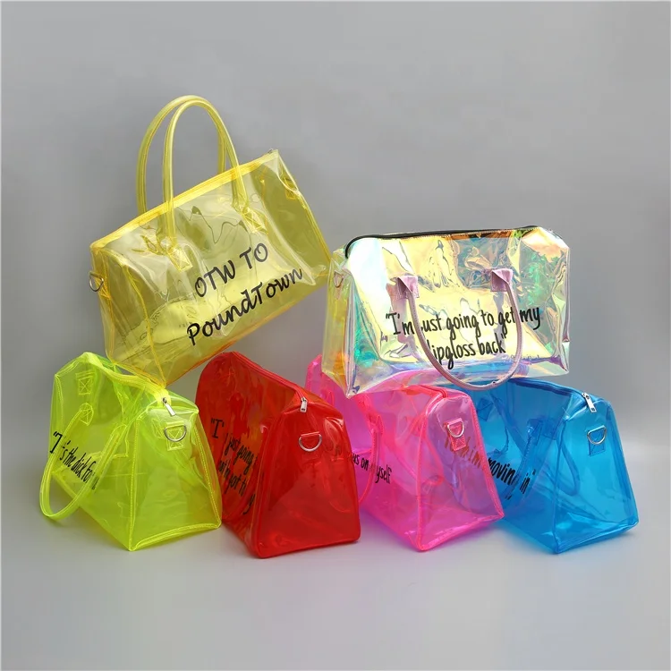 

Custom Holographic TPU Tote hoe Bag overnight weekend Clear PVC spinnanight bags travel overnight spend one night bags
