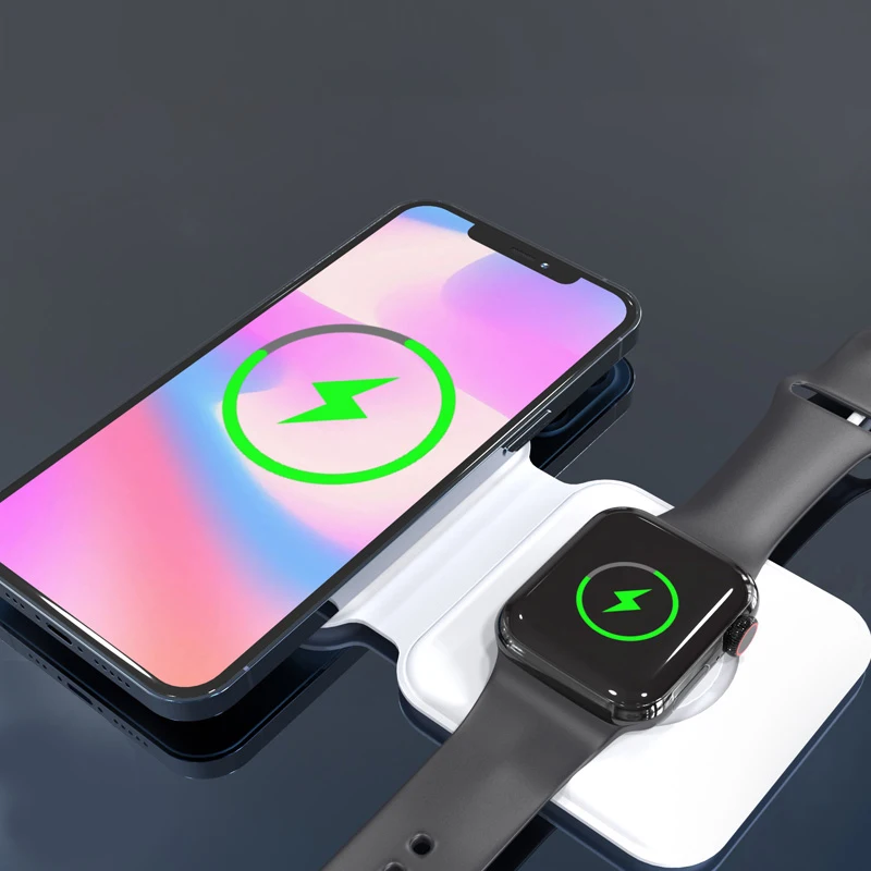 

New Product 2021 15W foldable Qi 2 In 1 Magsafing Dual Charger Duo Magnetic Wireless Charger for iPhone 12 Pro Iwatch