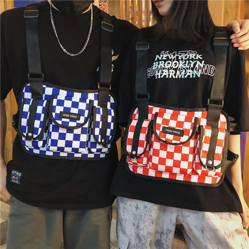 

Unisex Tactical Chest Bag Fanny Pack Streetwear Function Chest Rig Bags Adjustable Plaid Pattern Hip Hop Bag, Blue/black/red/black
