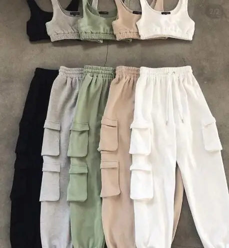 

KH0825 Custom logo knit casual sweatpants two piece set women clothing jogger suits pants with pockets and crop top vest set