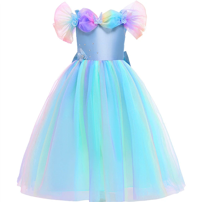 

Wholesale Price Butterfly Girls Costume Rainbow Color Princes Cinderella Costume Fancy Dresses For Girls D0671/D0654, Blue