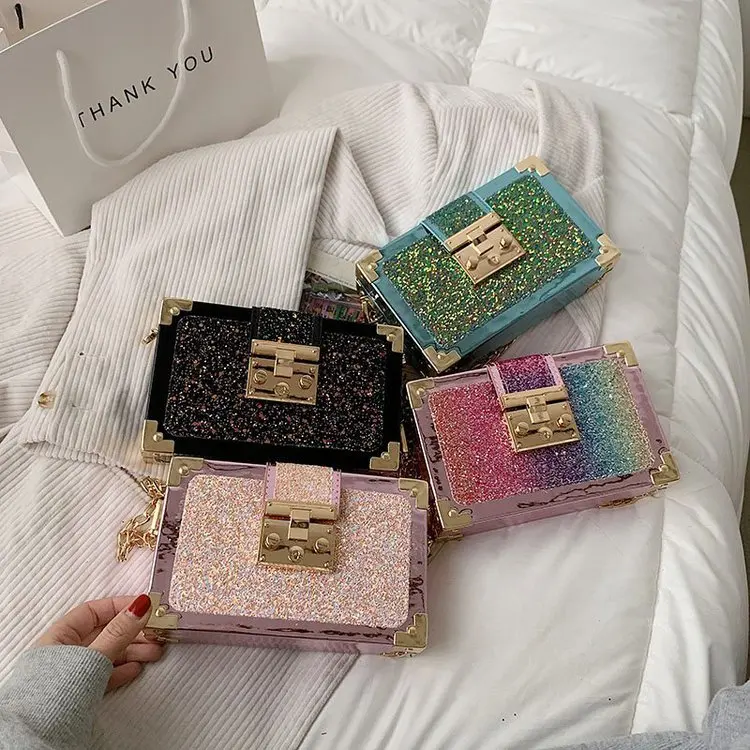 

Fashion Gradient Color Sequins Wedding Chain Purse Small Handbags Sequin Bag acrylic clutch bag box, 4 colors