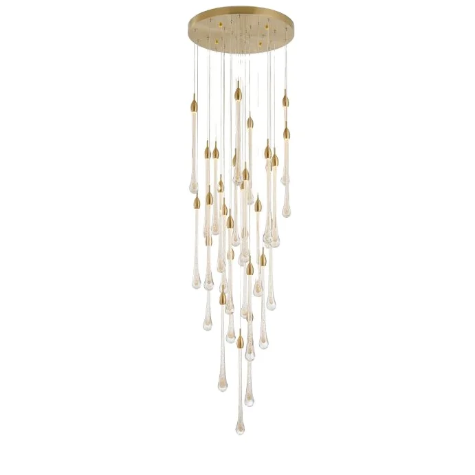 

High ceilings raindrop golden led pendant light modern luxury staircase clear bubbles long chandelier