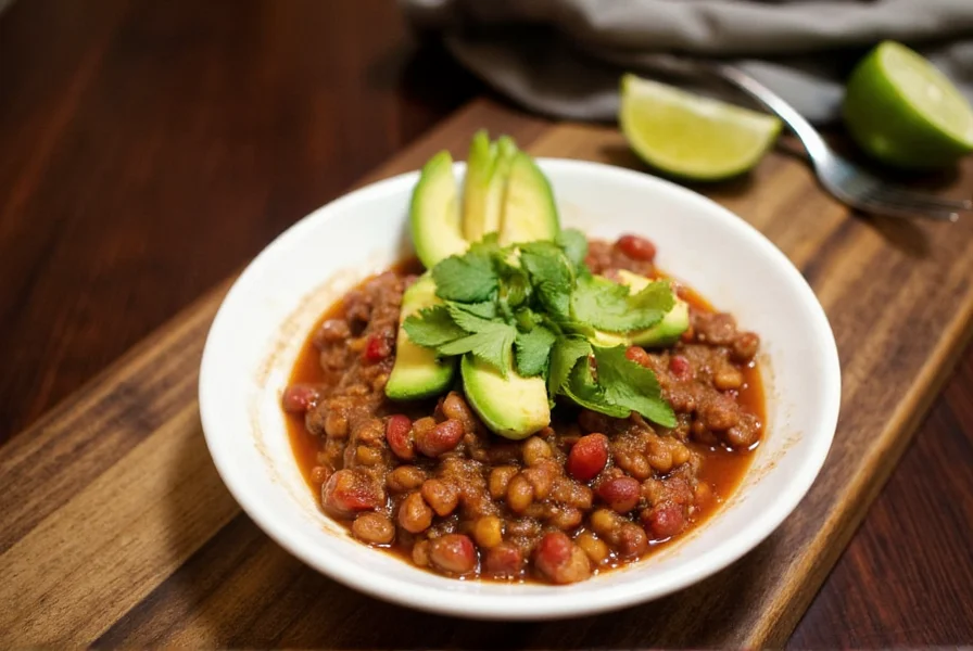 Serving crock pot meatless chili with avocado, cilantro, and lime