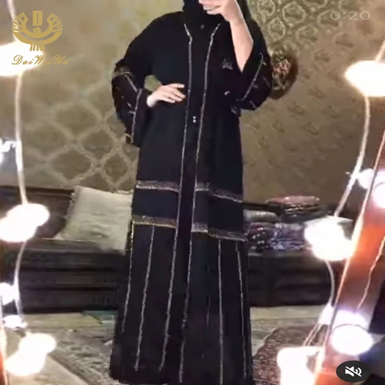 

new tunic cardigan dubai rhinestone kaftan women set abaya clothing dress, Black