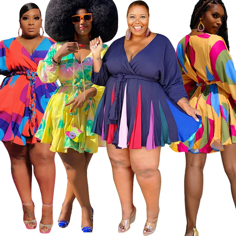 

Fall clothes Printed V neck sexy large skirt with belt dress plus size womens dresses elegant casual dresses