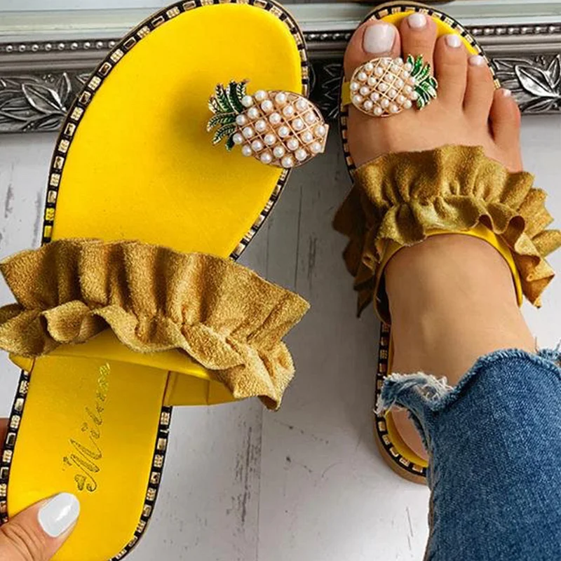 

Customized logo low price high quality pu yellow slides flats pineapples slides