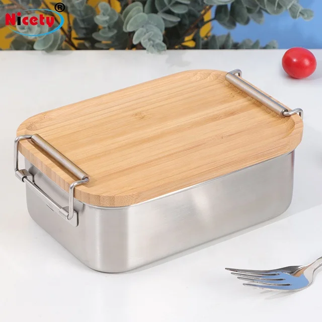 

800ML Reasuable Durable Bamboo Bread Bento Lunch Box Stainless Steel No Plastic with Bamboo Lid and Clips