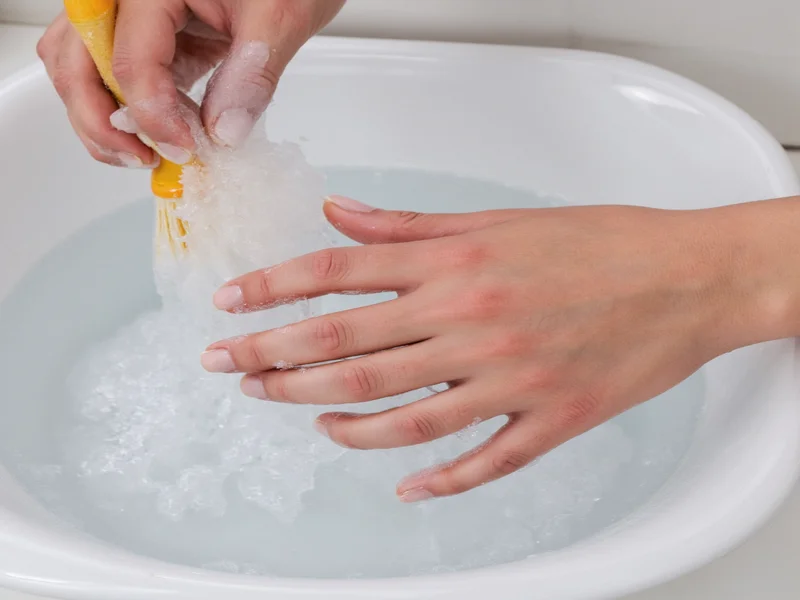 Hand cleaning ring with soft brush in soapy water