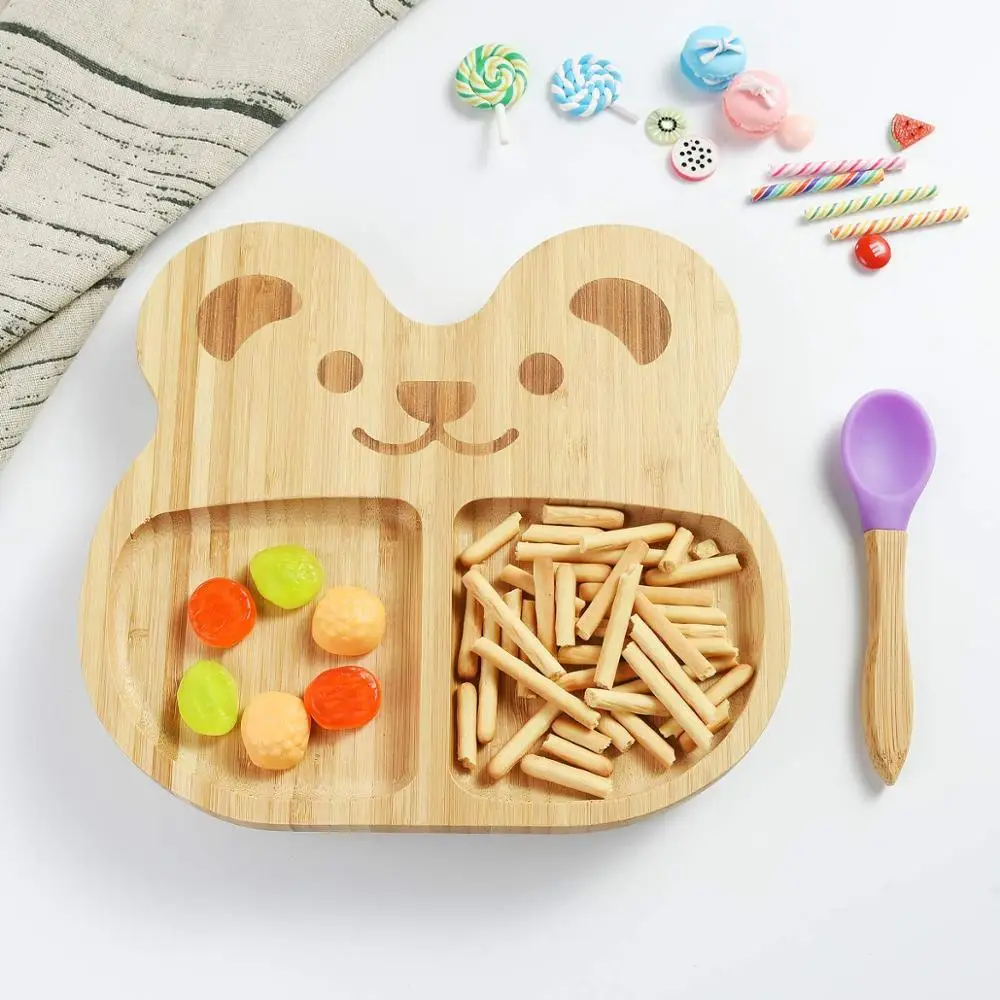 

Bear Shape Children Silicone Suction Divided Bamboo Baby Plate, Natural color